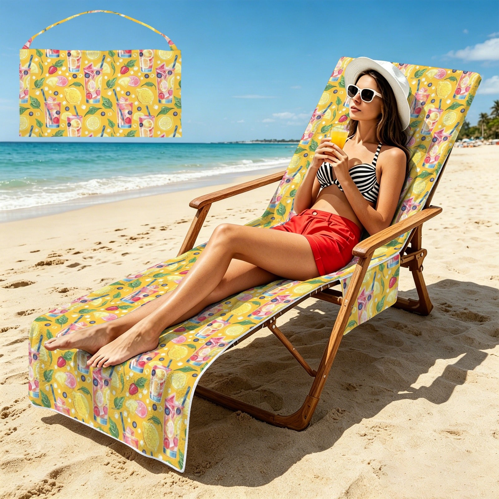 Tropical Fruit Drink Beach Chair Towel Cover with Side Pockets