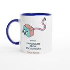 Personalised - Status: Unplugged From Social Media - White 11oz Ceramic Mug With Colour Inside Ceramic Blue Personalised 11oz Mug Customise Globally Fulfilled Name Personalise