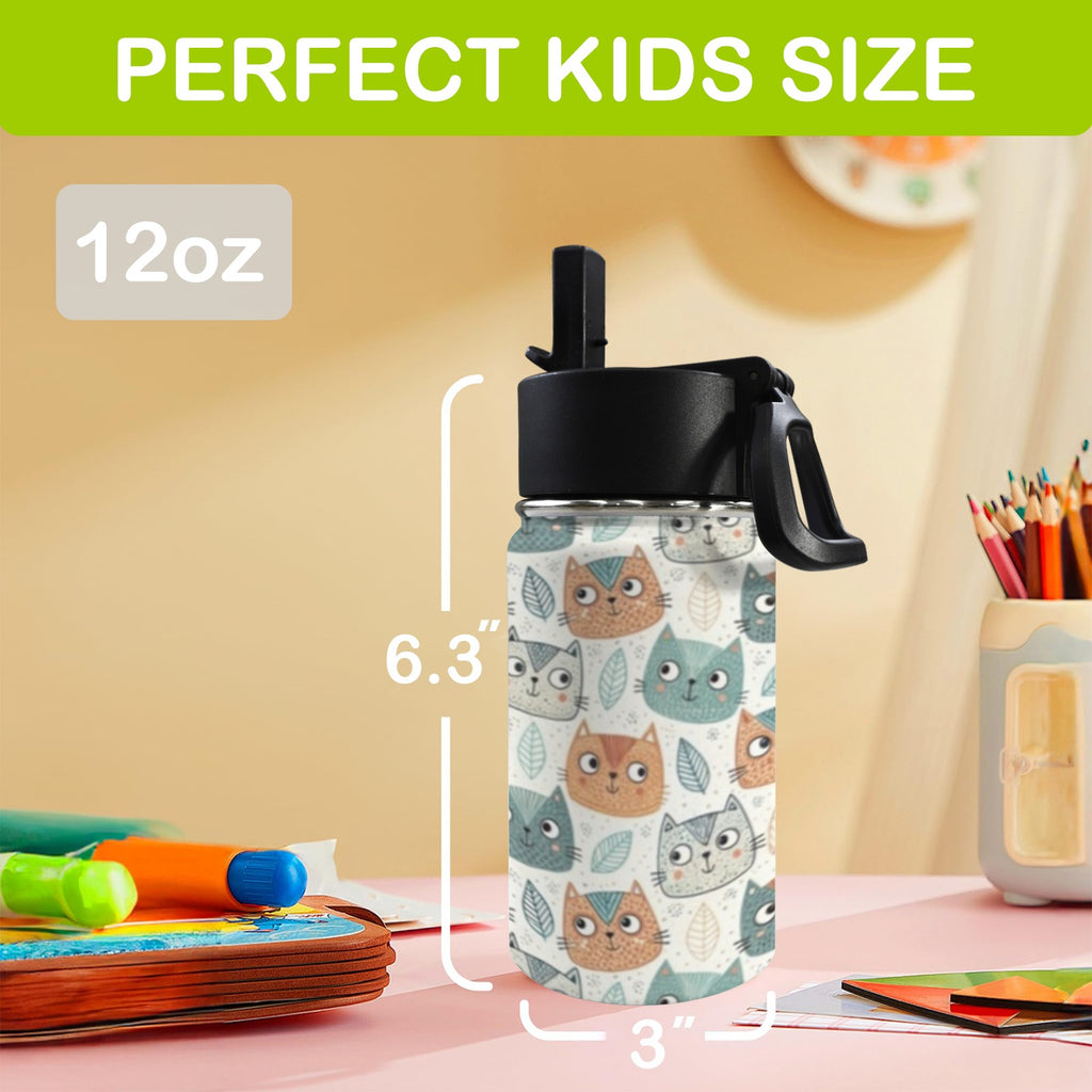 Cute Cat Faces 12oz Kids Water Bottle with Straw Lid