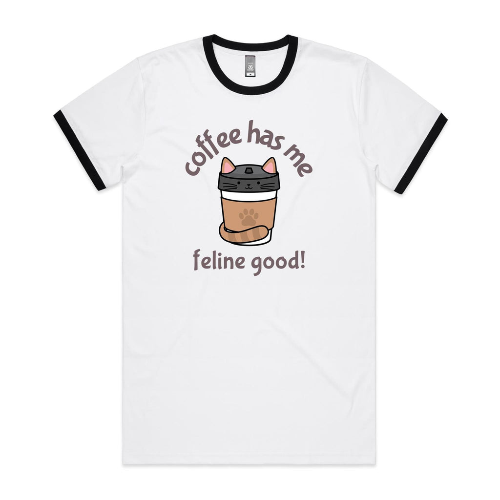 Coffee Has Me Feline Good - Staple Ringer Tee White Black Ringer T-Shirt animal Coffee Printed In Australia