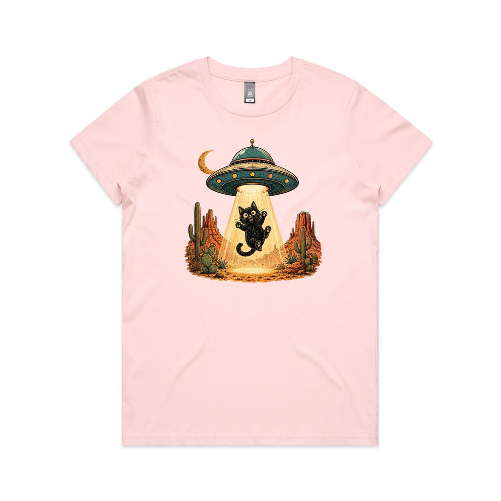 Black Cat Alien UFO Abduction Women's AS Colour T-shirt Pink Womens T-shirt animal Printed In Australia Sci Fi