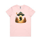 Black Cat Alien UFO Abduction Women's AS Colour T-shirt Pink Womens T-shirt animal Printed In Australia Sci Fi