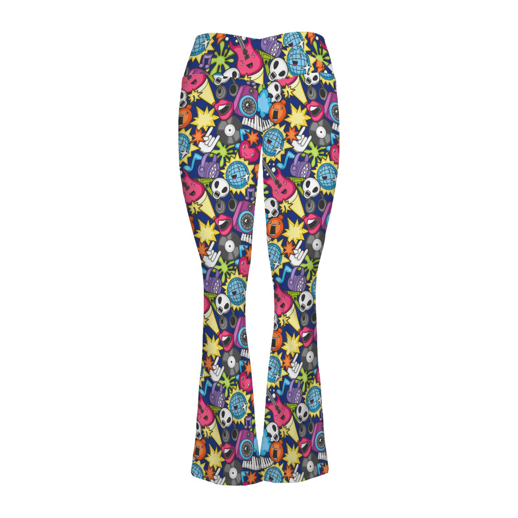 Sticker Music High Waist Crossover Tummy Control Flare Leggings High Waist Flare Leggings Music Printed Offshore