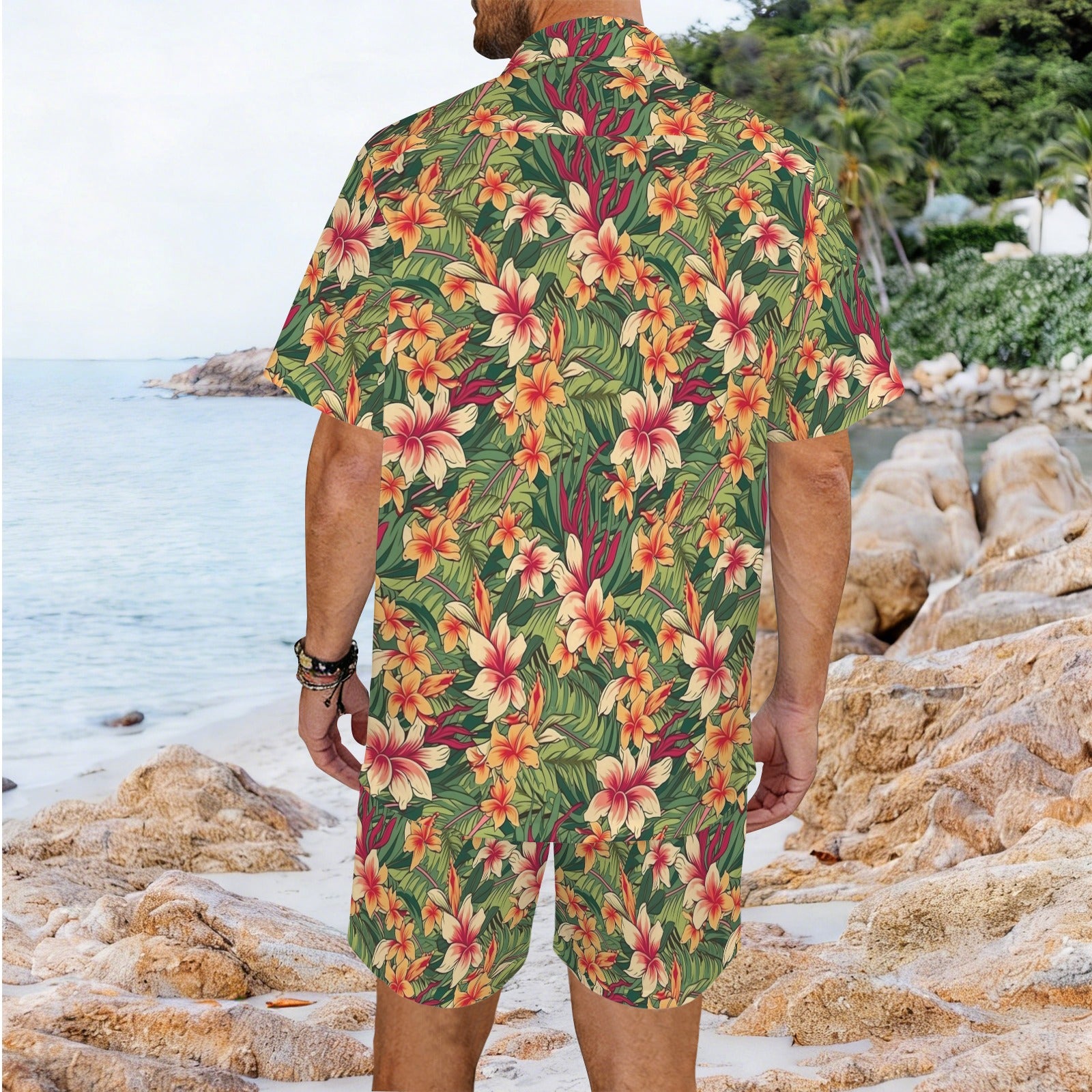Vintage Hawaiian Floral Men's Hawaiian Shirt & Shorts Set Men's Hawaiian Shirt & Shorts Set Plants Printed Offshore Surf