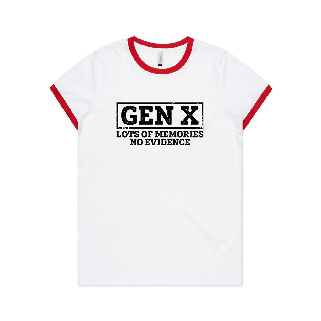 Gen X, Lots Of Memories, No Evidence Women's AS Colour Ringer Tee White Red Womens Ringer T-shirt Printed In Australia