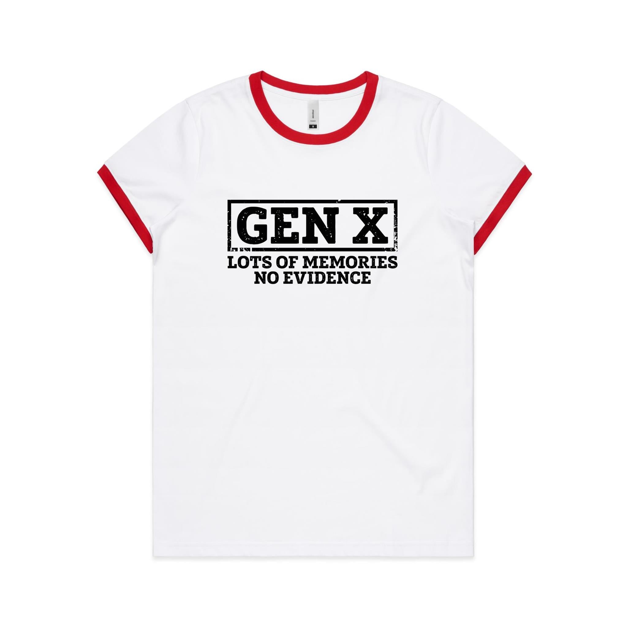 Gen X, Lots Of Memories, No Evidence - Women's Ringer Tee White Red Womens Ringer T-shirt Printed In Australia