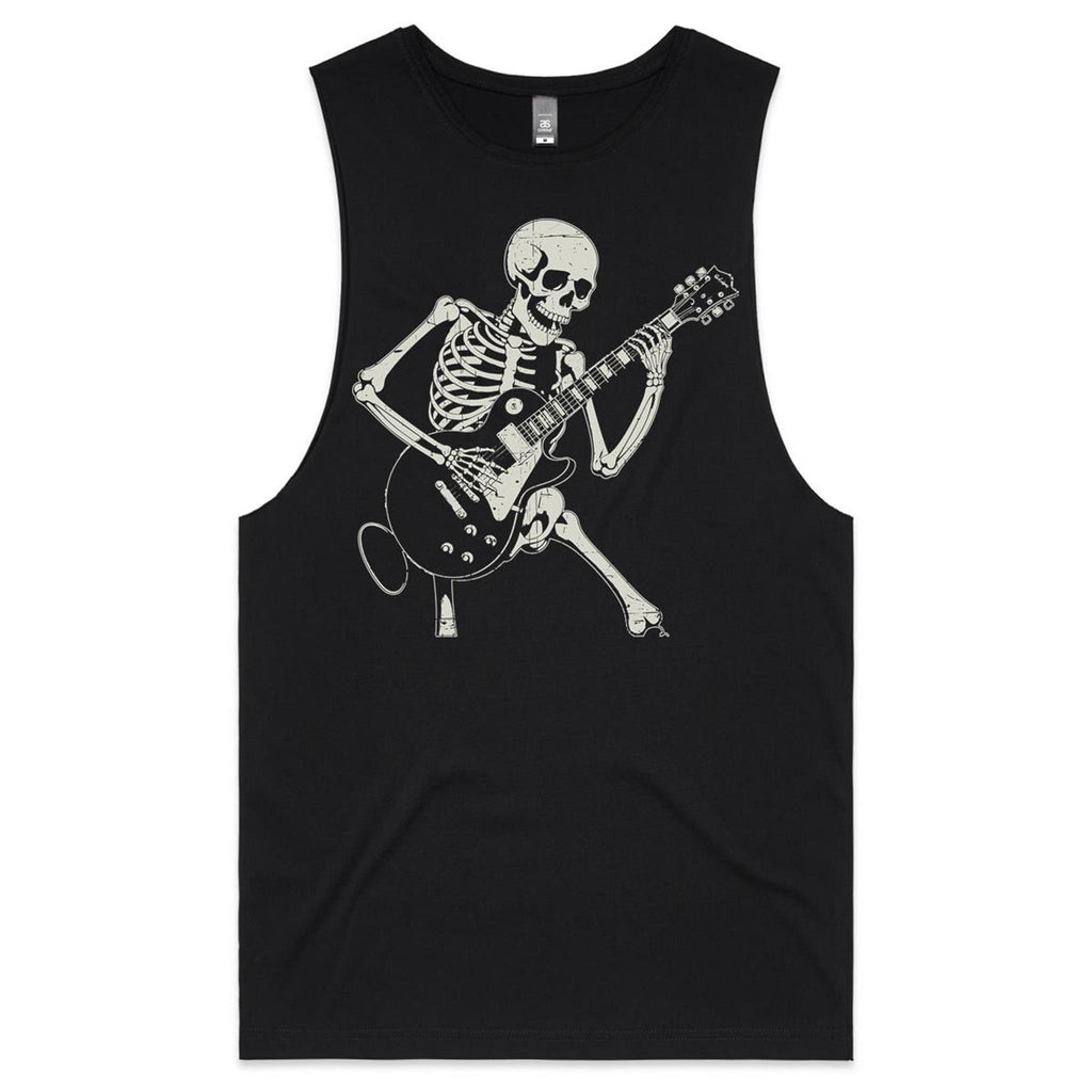 Skeleton Playing Guitar Mens Men's AS Colour Drop Arm Tank Top Black Drop Arm Tank Top Music Printed In Australia