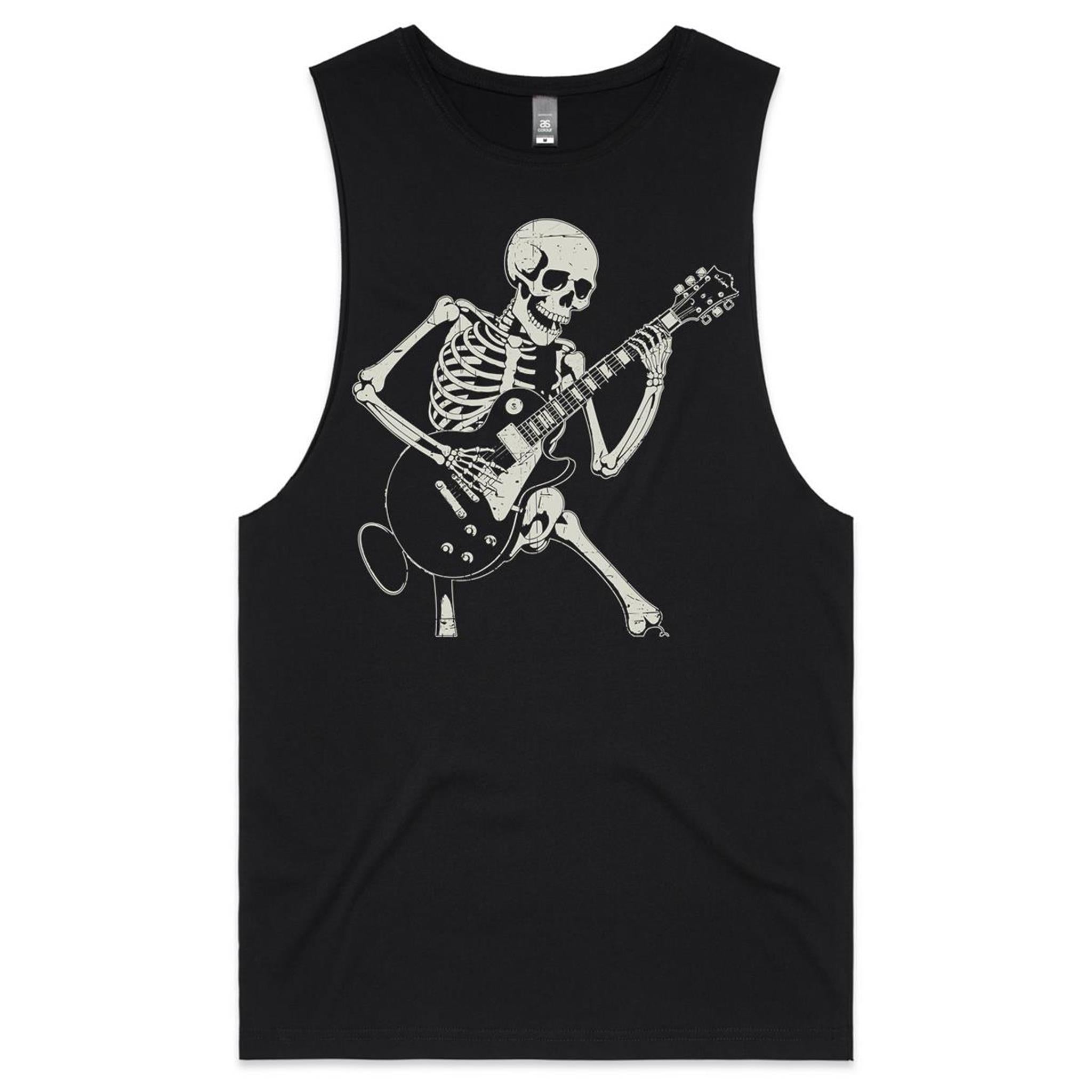 Skeleton Playing Guitar Mens Men's AS Colour Drop Arm Tank Top Black Drop Arm Tank Top Music Printed In Australia