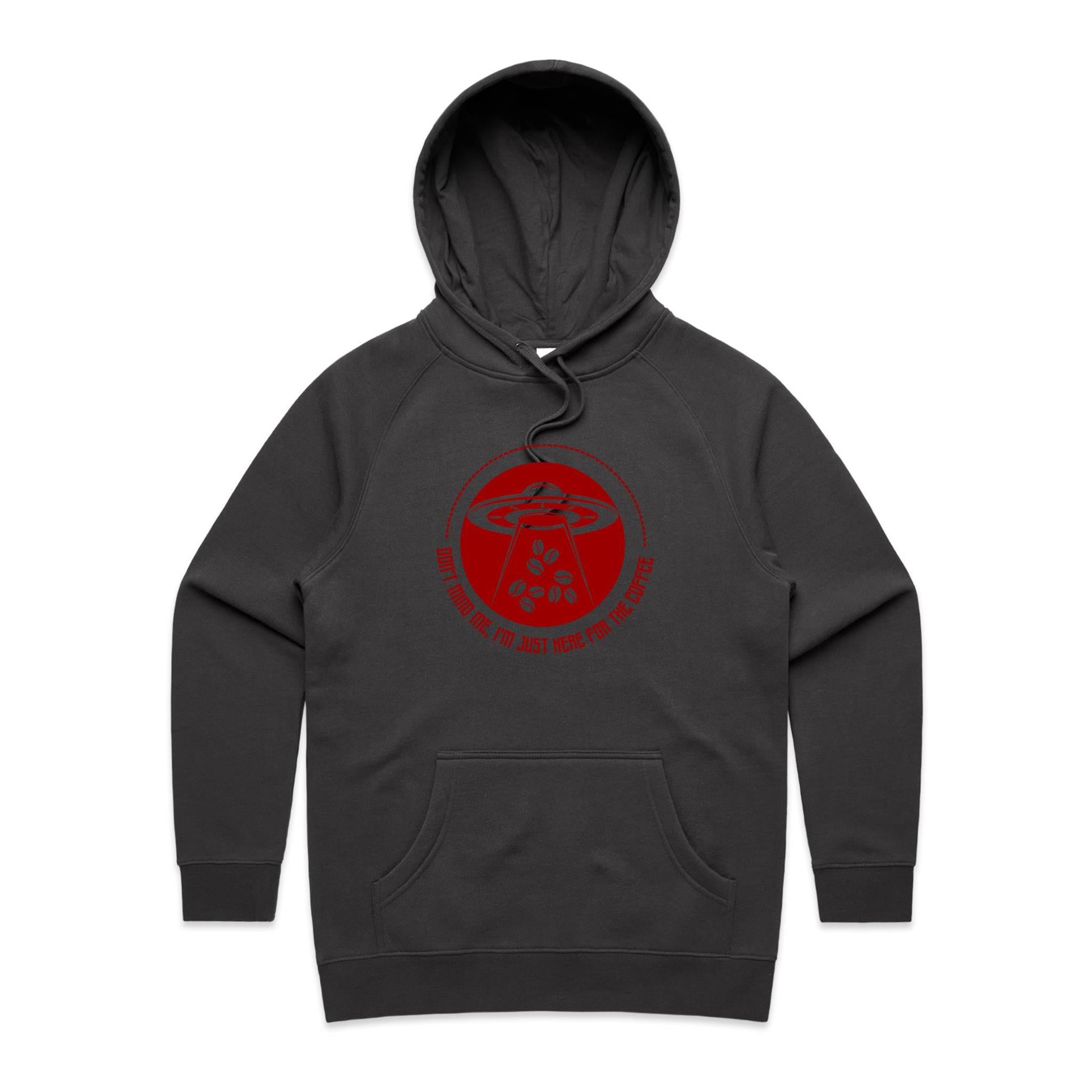 UFO, Don't Mind Me, I'm Just Here For The Coffee- Womens Hoodie Coal Womens Hoodie Coffee Printed In Australia Sci Fi