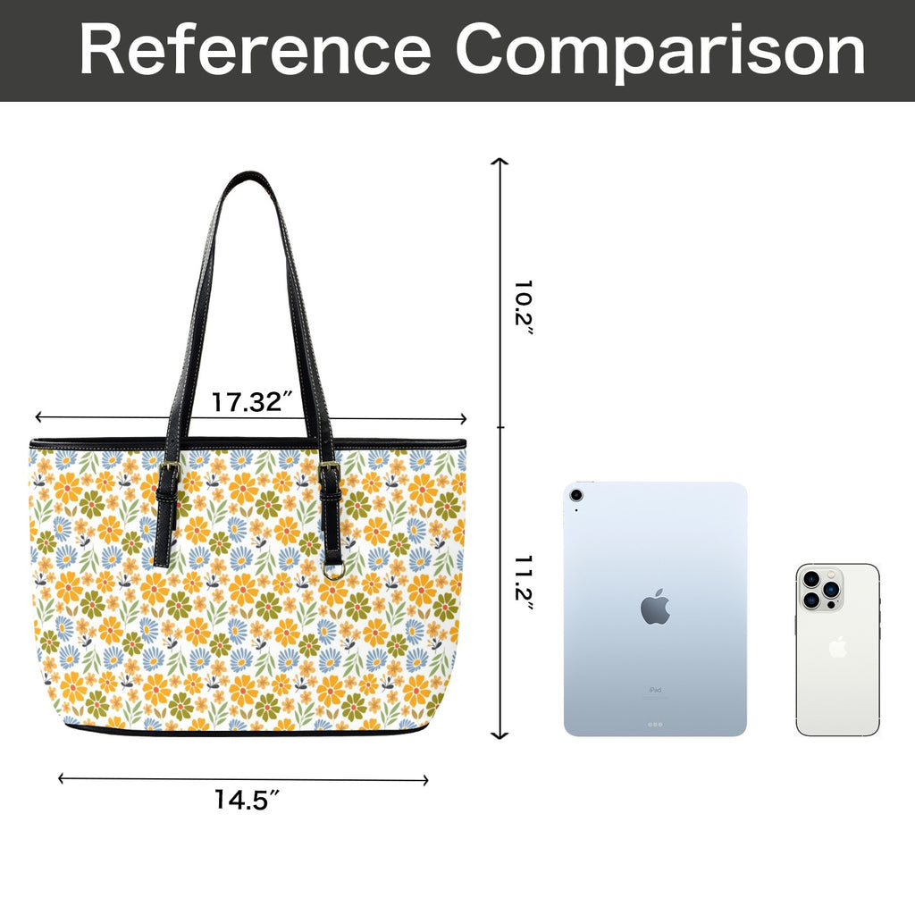 Retro Boho Flower PU Leather Tote Bag Large Leather Tote Bag-Large Plants Printed Offshore