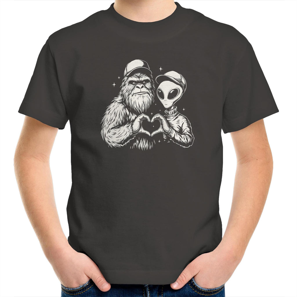 Alien Bigfoot Heart Hands - Kids Youth T-shirt Charcoal Kids Youth T-shirt Love Printed In Australia Sci Fi