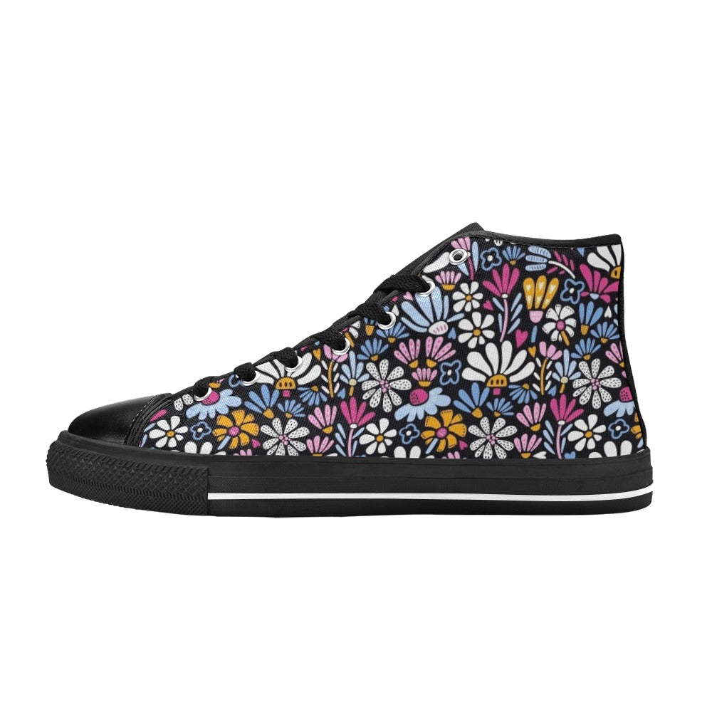 Graphic Flowers On Black Kids High Top Canvas Shoes