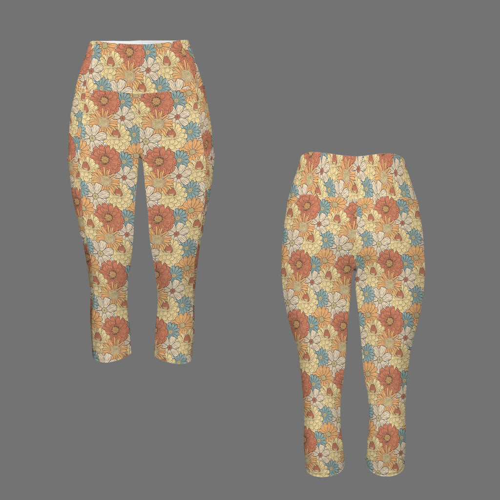 Vintage Retro Floral Women's High Waist Pocket Capri Yoga Leggings Women's High Waist Capri Yoga Leggings Plants Printed Offshore