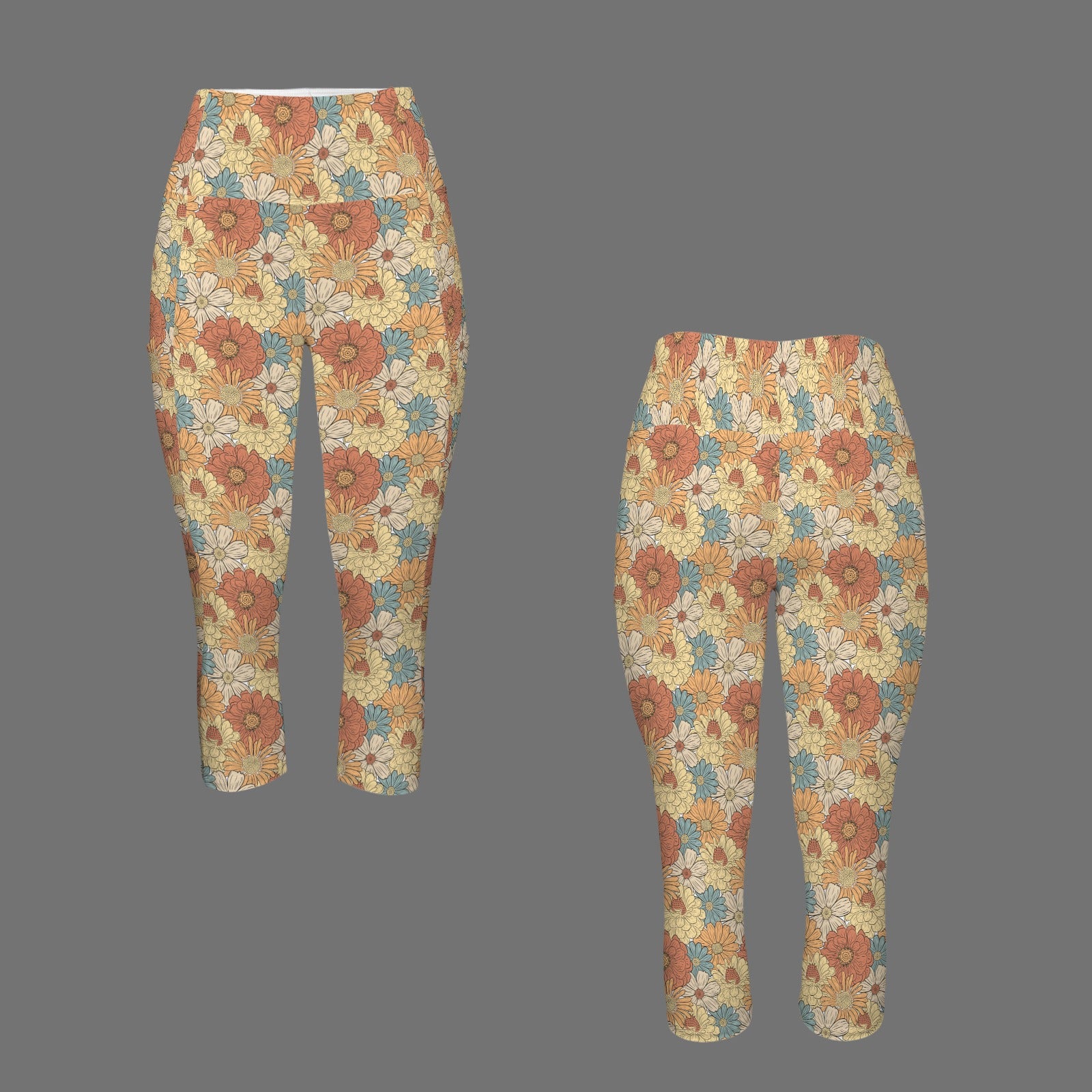 Vintage Retro Floral Women's High Waist Pocket Capri Yoga Leggings Women's High Waist Capri Yoga Leggings Plants Printed Offshore