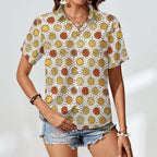 Round Pizzas On White Women's Short-Sleeve Button Up Shirt Women's Short-Sleeve Button Up Shirt Food Printed Offshore