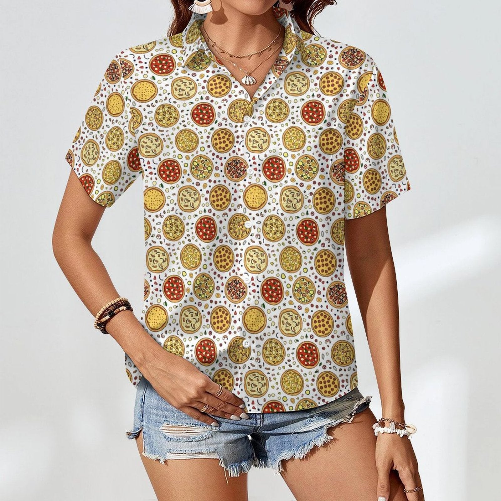 Round Pizzas On White Women's Short-Sleeve Button Up Shirt Women's Short-Sleeve Button Up Shirt Food Printed Offshore