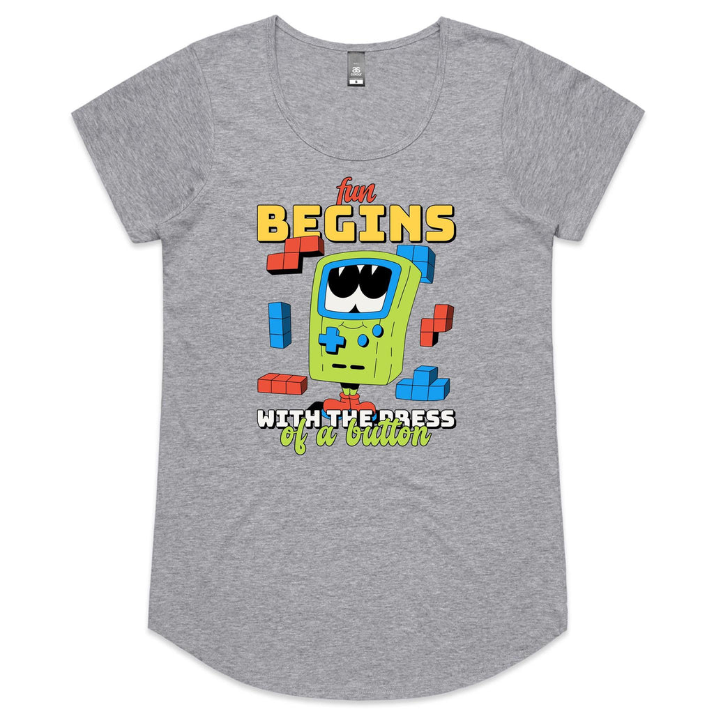 Fun Begins With The Press Of A Button, Game Console - Womens Scoop Neck T-Shirt Grey Marle Womens Scoop Neck T-shirt Games Printed In Australia