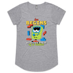 Fun Begins With The Press Of A Button, Game Console - Womens Scoop Neck T-Shirt Grey Marle Womens Scoop Neck T-shirt Games Printed In Australia