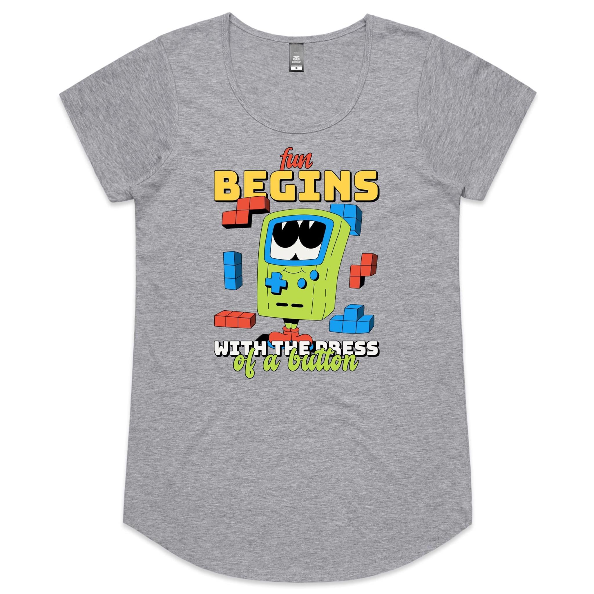 Fun Begins With The Press Of A Button, Game Console - Womens Scoop Neck T-Shirt Grey Marle Womens Scoop Neck T-shirt Games Printed In Australia