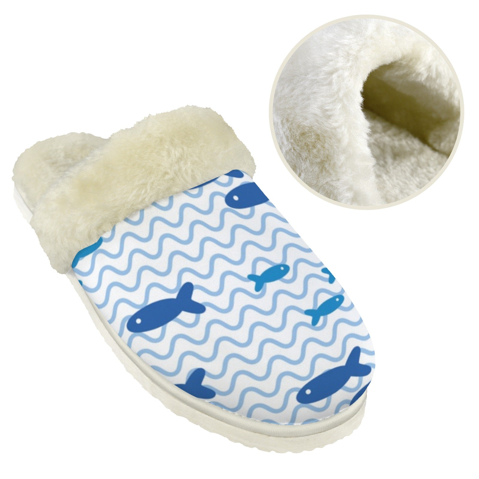 Simple Blue Fish Men's Fur Trim Thick-Sole Indoor Slippers Men's Fur Trimmed Slippers animal Ocean Printed Offshore