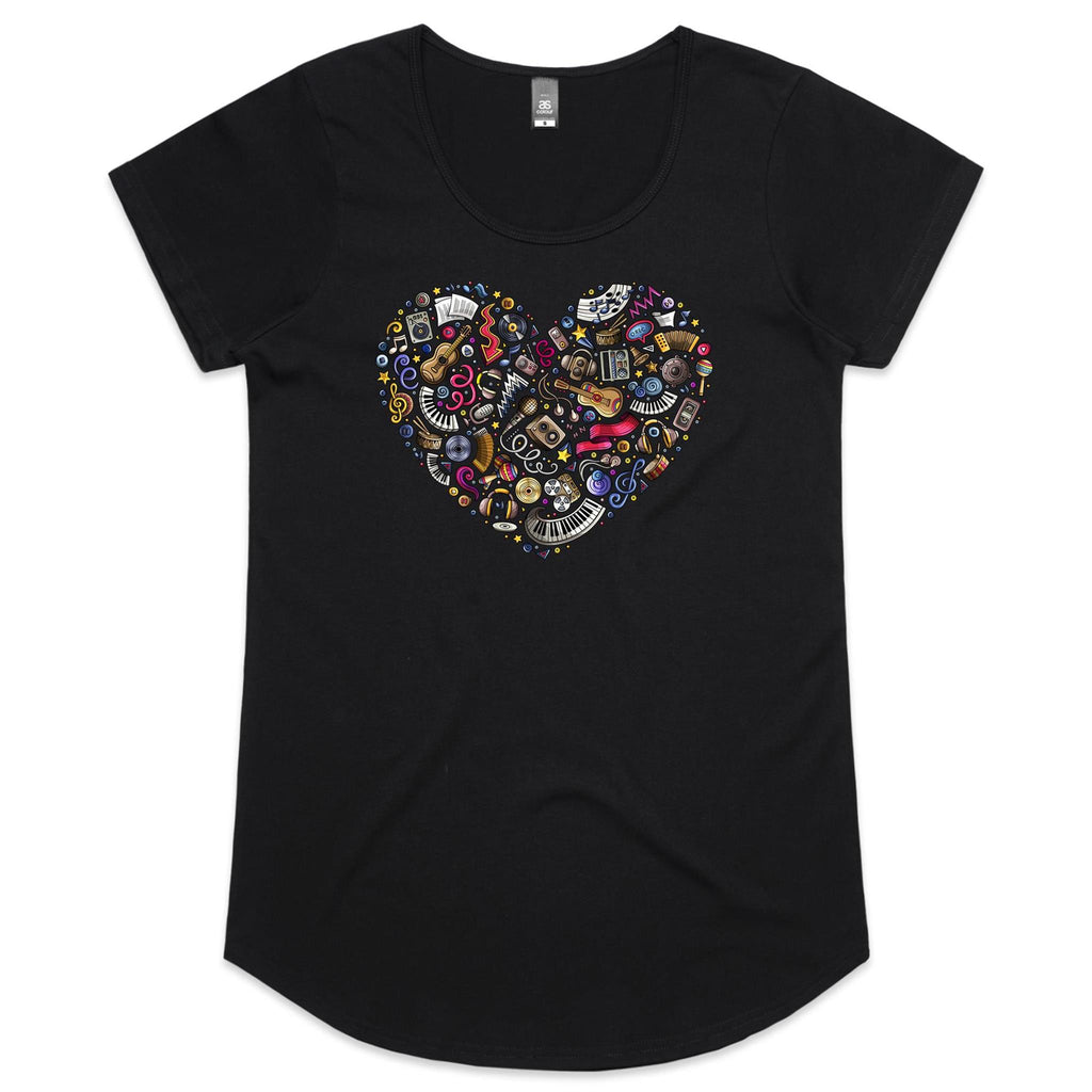 Heart Music - Womens Scoop Neck T-Shirt Black Womens Scoop Neck T-shirt Love Music Printed In Australia