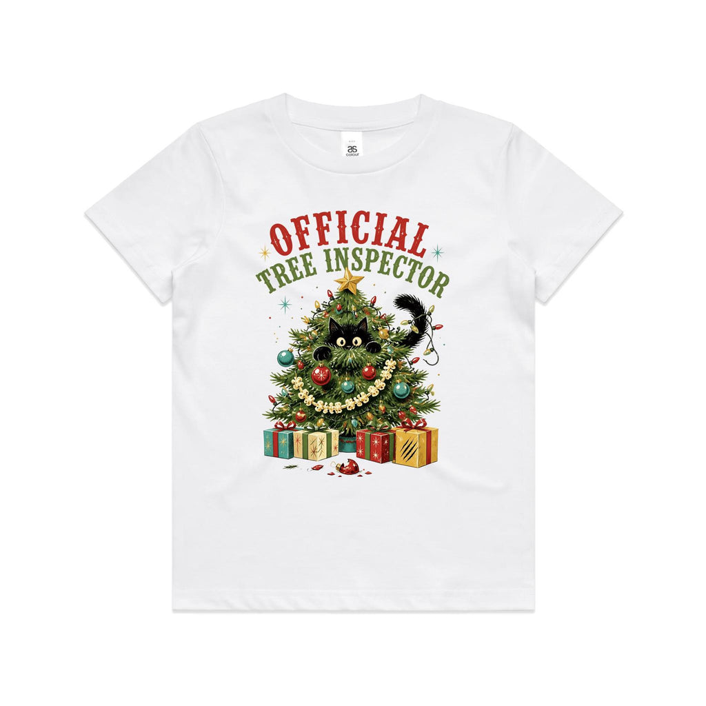 Official Tree Inspector Cat Kids Christmas T-shirt White Kids Christmas T-shirt Christmas Printed In Australia