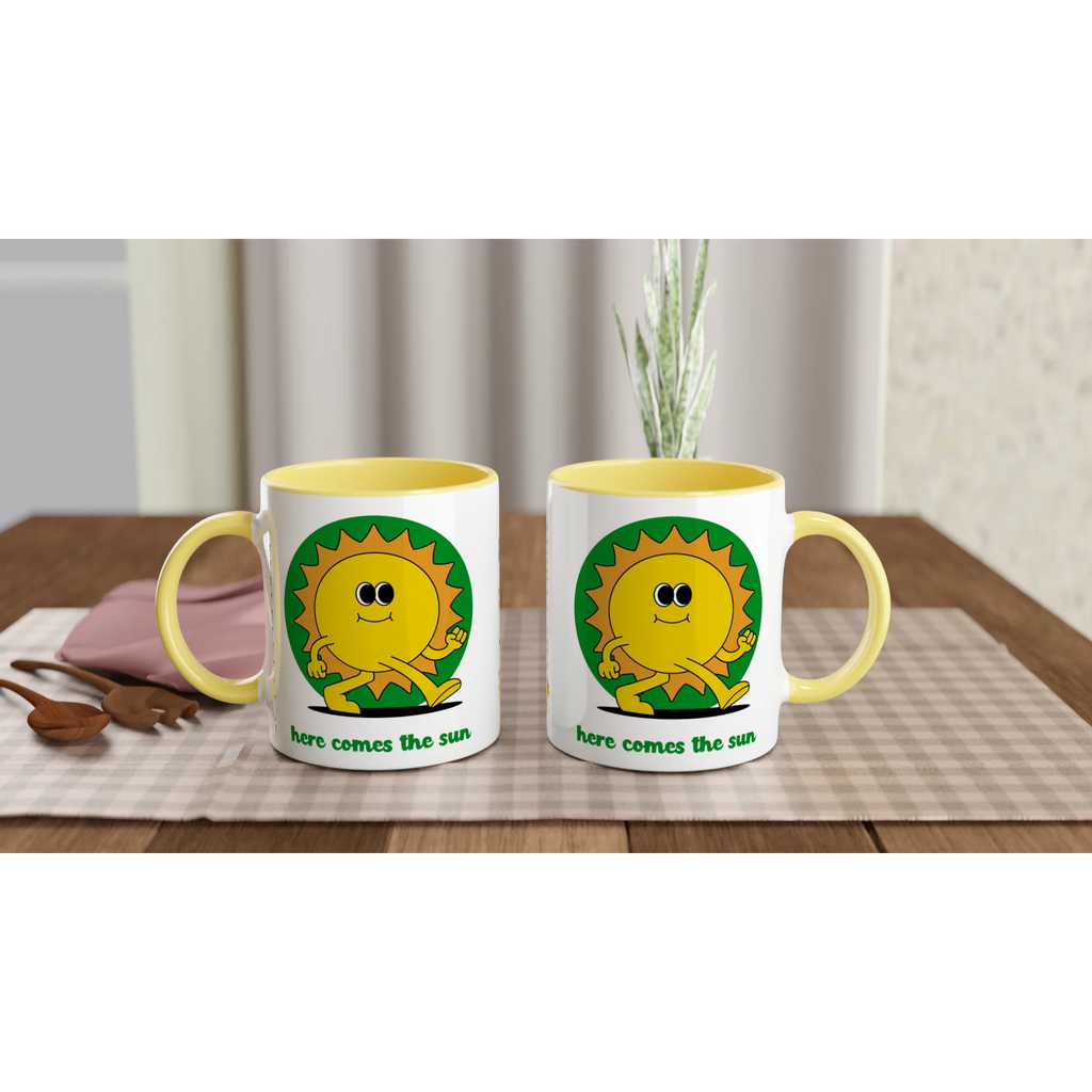 Personalised - Here Comes The Sun - White 11oz Ceramic Mug with Colour Inside Personalised 11oz Mug customise Globally Fulfilled personalise Retro Summer