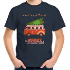 Merry Christmas Hippy Van - Kids Youth T-Shirt Navy Kids Christmas T-shirt Christmas Printed In Australia