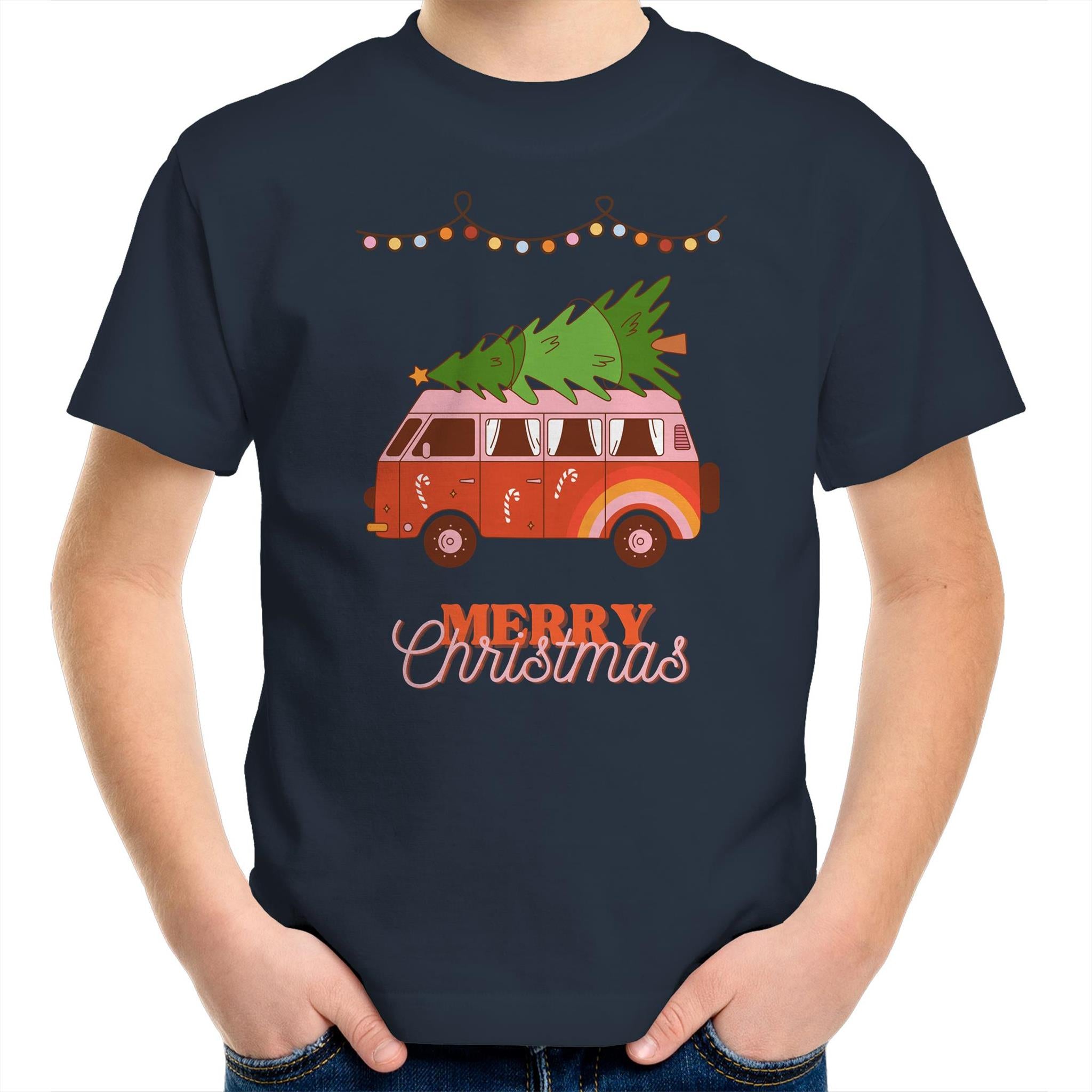 Merry Christmas Hippy Van - Kids Youth T-Shirt Navy Kids Christmas T-shirt Christmas Printed In Australia