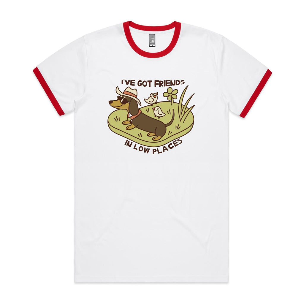 Dachshund, I've Got Friends In Low Places AS Colour Staple Ringer Tee White Red Ringer T-Shirt animal Printed In Australia