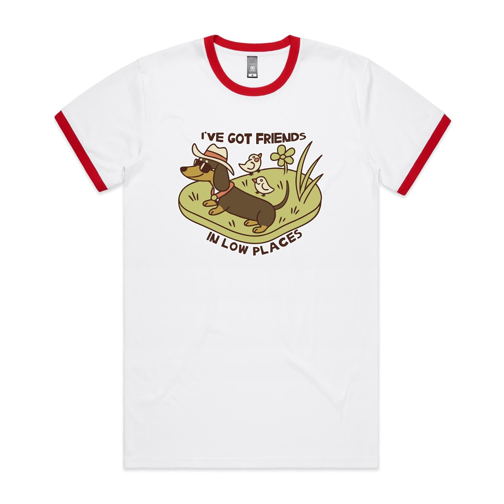 Dachshund, I've Got Friends In Low Places AS Colour Staple Ringer Tee White Red Ringer T-Shirt animal Printed In Australia