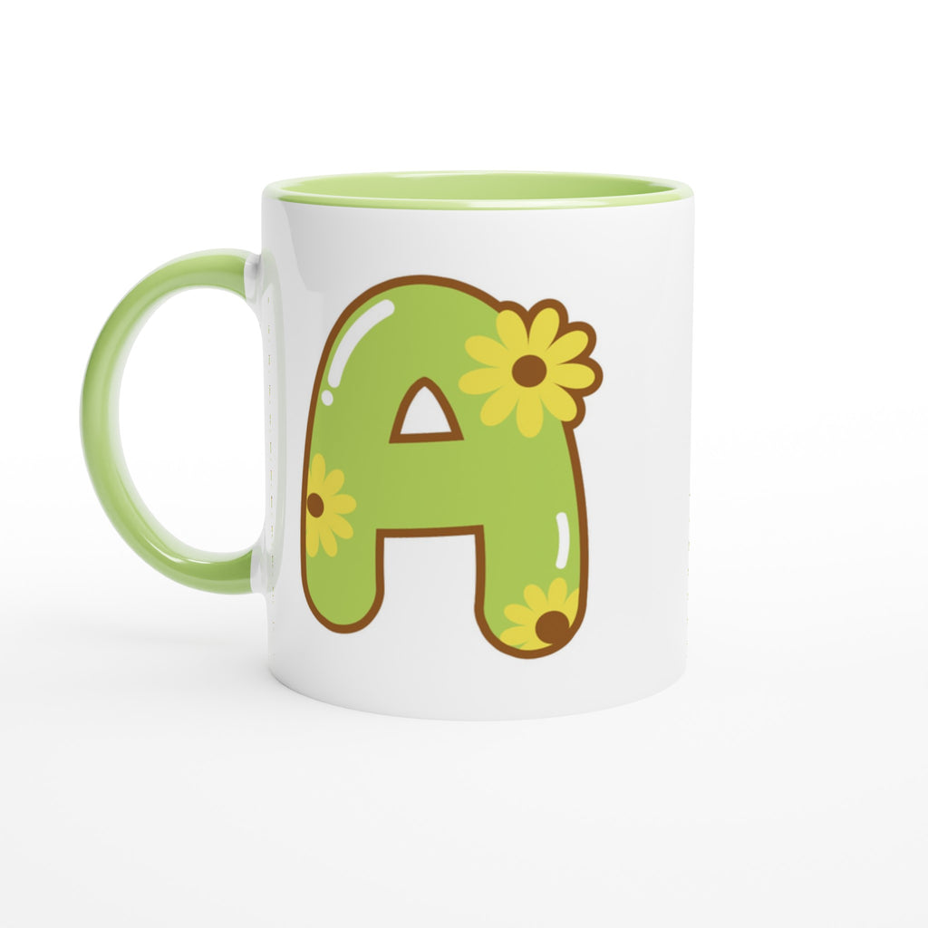 Personalised Initial With Flowers White 11oz Ceramic Mug with Color Inside Ceramic Green Personalised 11oz Mug customise Globally Fulfilled Name personalise