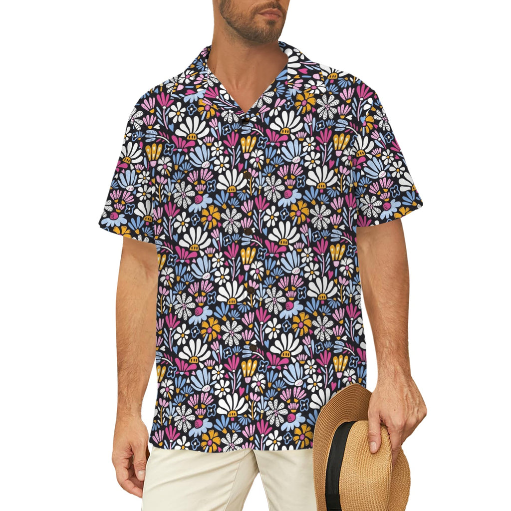 Graphic Flowers On Black Large MMen's Short Sleeve Hawaiian Shirt Men's Hawaiian Shirt (New) Plants Printed Offshore