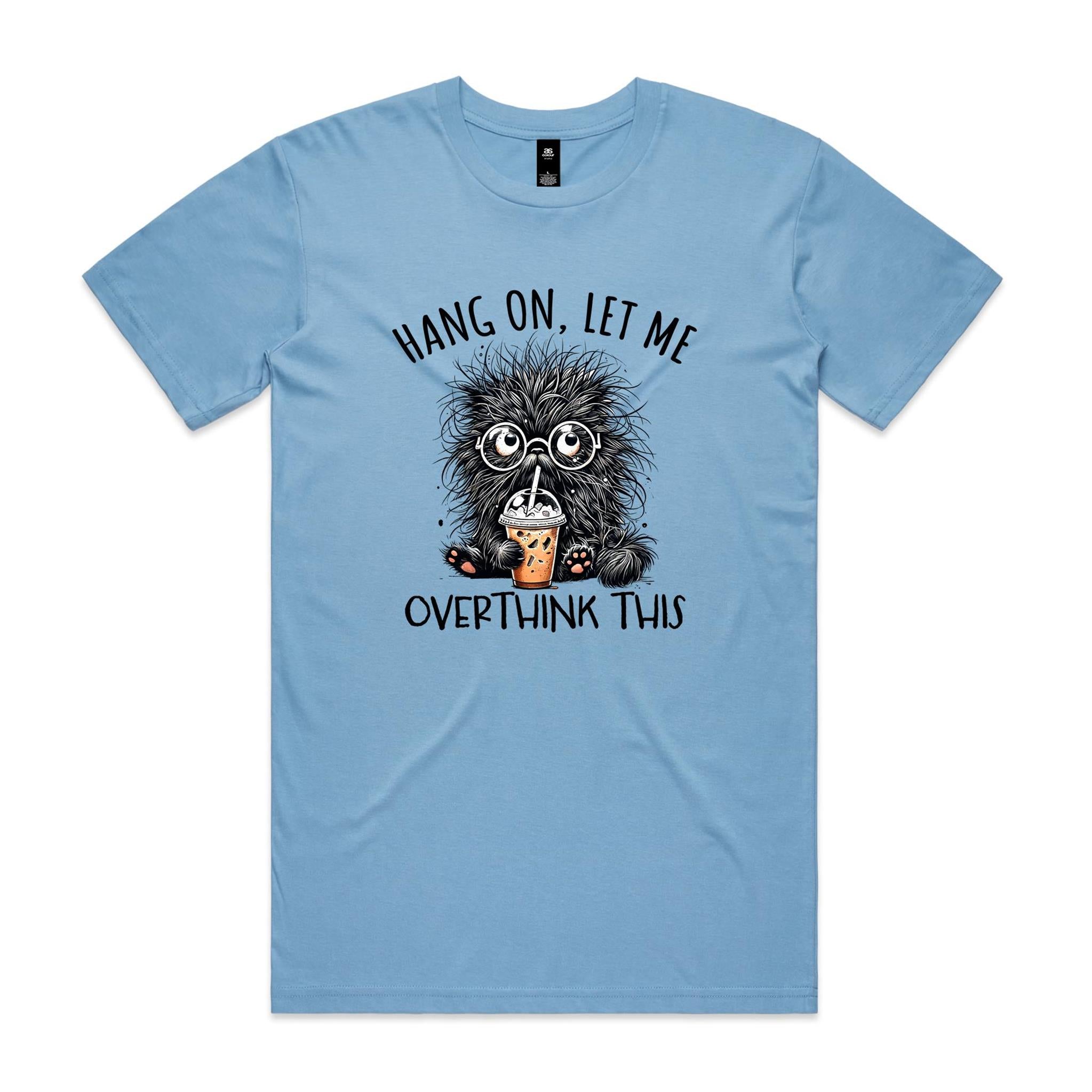 Frazzled Cat, Hang On Let Me Overthink This Men's AS Colour T-shirt Carolina Blue Mens T-shirt animal Printed In Australia