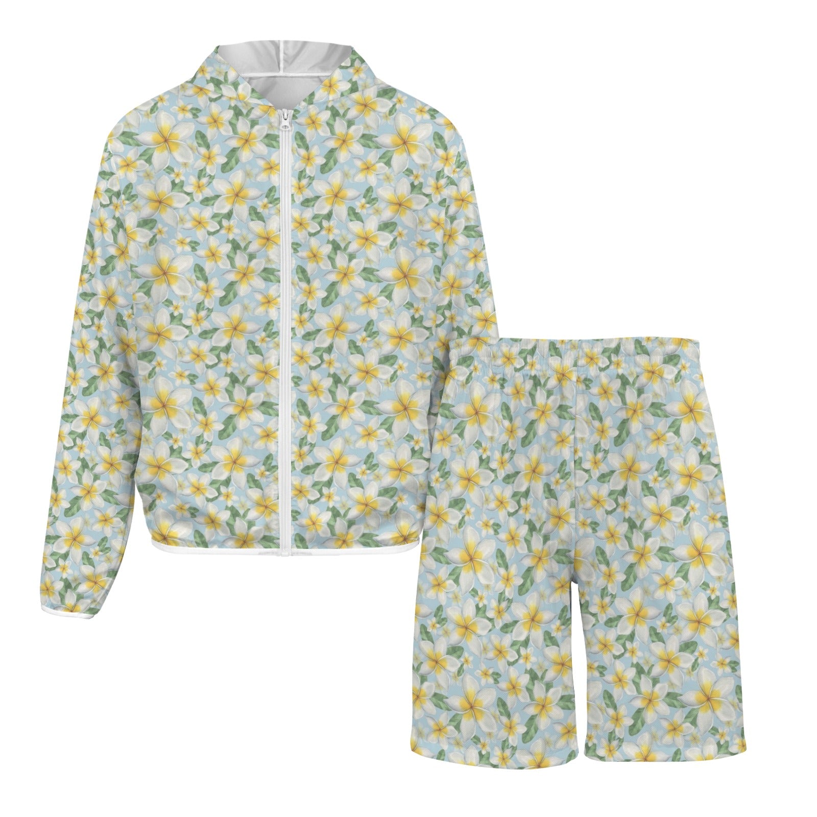 Delicate Frangipani Men's Lightweight Sun Hoodie & Shorts Set Men's Lightweight Sun Hoodie & Shorts Plants Printed Offshore