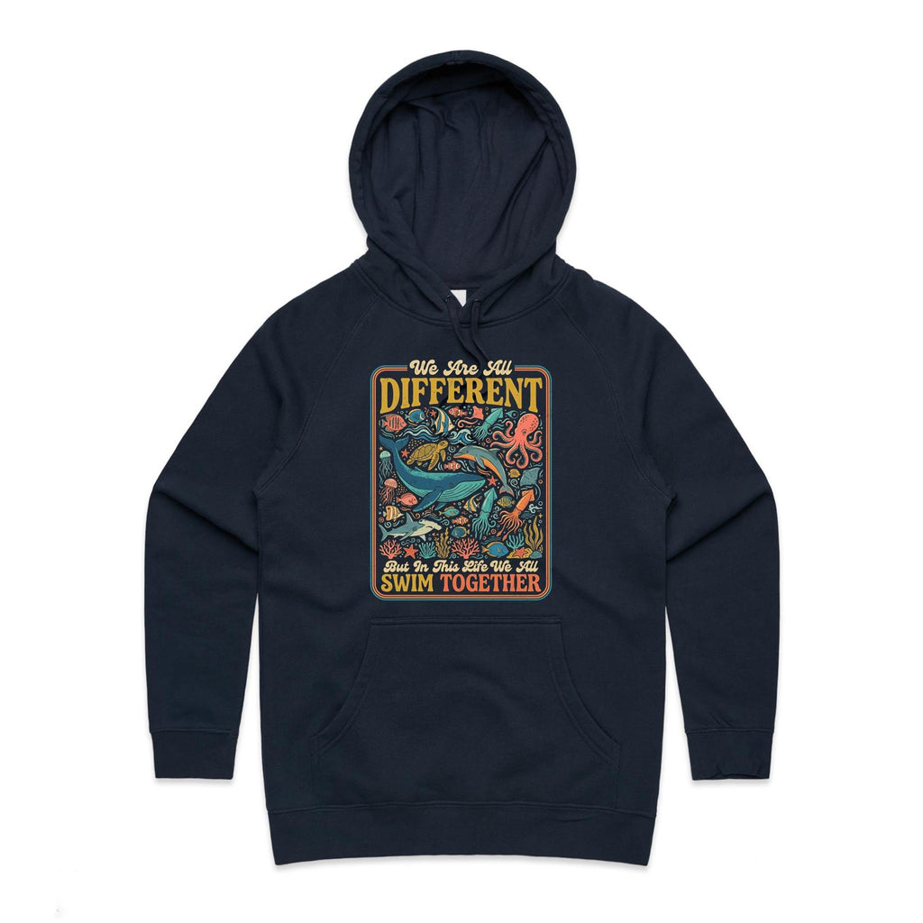 We Are All Different, But We All Swim Together Women's AS Colour Hoodie Navy Womens Hoodie animal Ocean Positivity Printed In Australia
