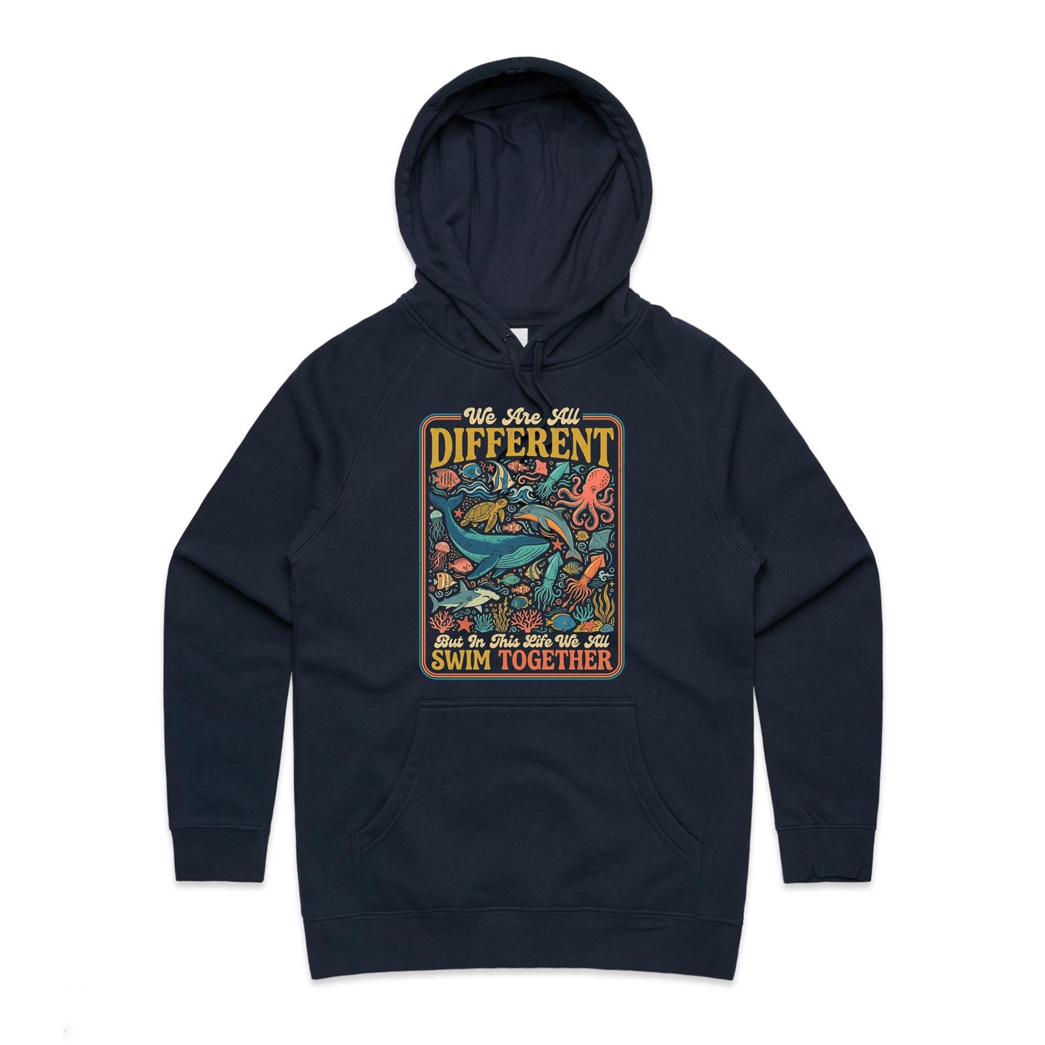 We Are All Different, But We All Swim Together - Women's AS Colour Hoodie Navy Womens Hoodie animal Ocean Positivity Printed In Australia