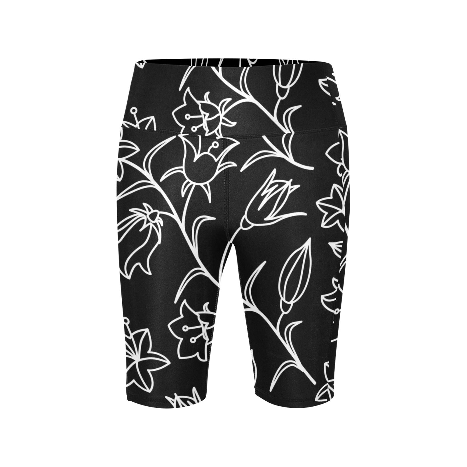 Black And White Floral - Women's Bike Shorts With Side Pockets Women's Bike Shorts Plants Printed Offshore