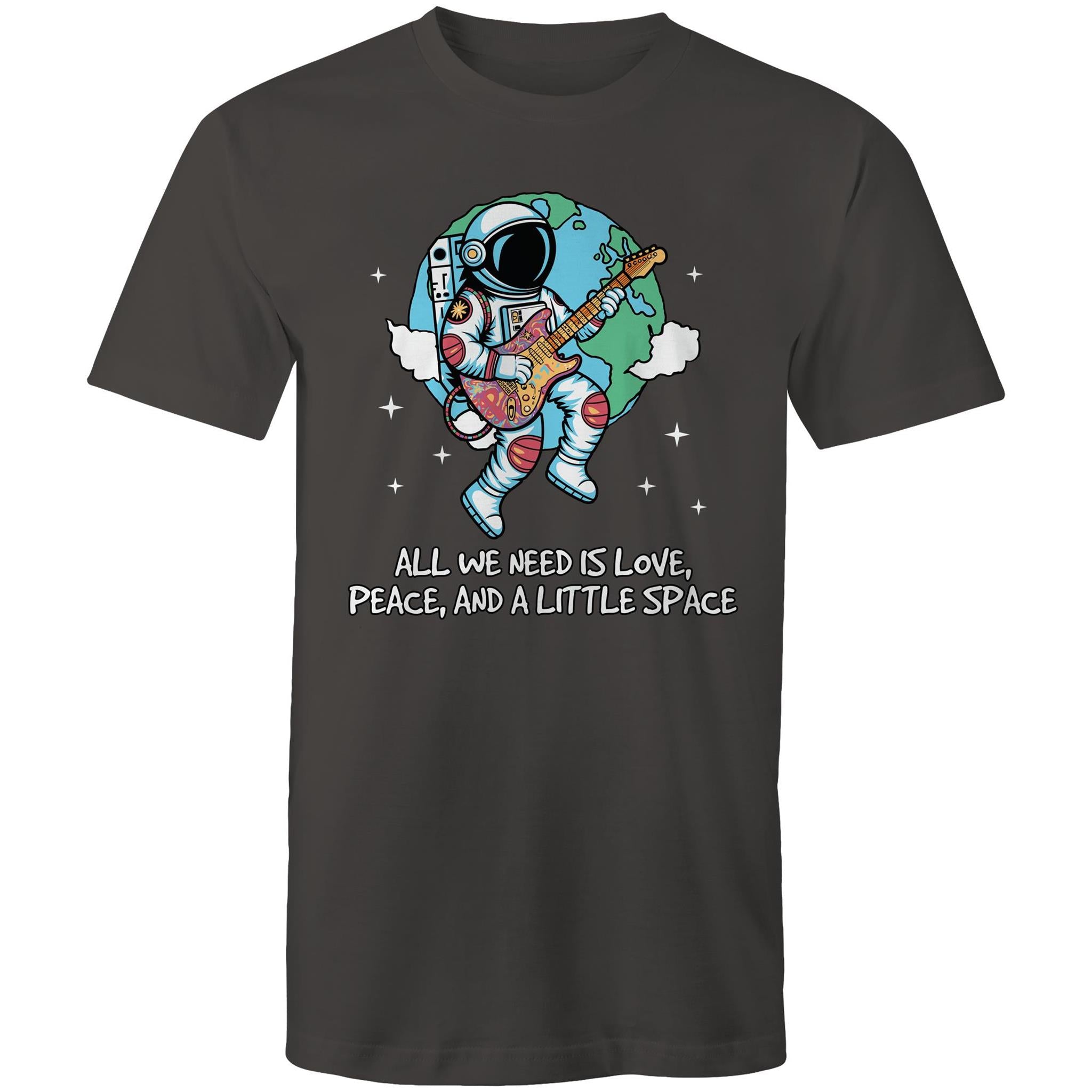 Astronaut, All We Need Is Love, Peace And A Little Space - Mens T-Shirt Charcoal Mens T-shirt Music Printed In Australia Space
