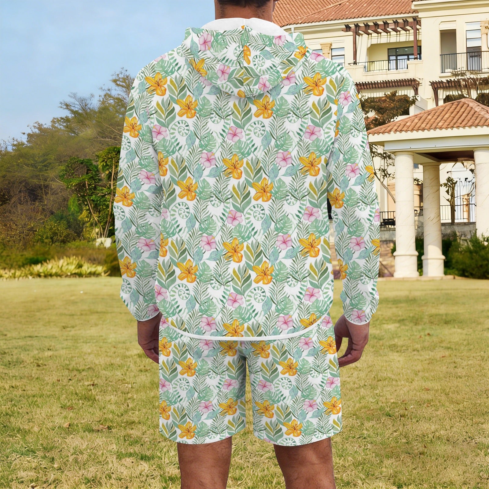 Tropical Flowers And Leaves Men's Lightweight Sun Hoodie & Shorts Set Men's Lightweight Sun Hoodie & Shorts Plants Printed Offshore