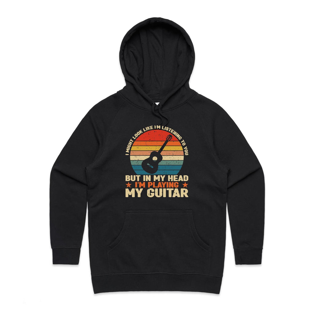 In My Head I'm Playing My Guitar - Womens Hoodie Black Womens Hoodie Music Printed In Australia