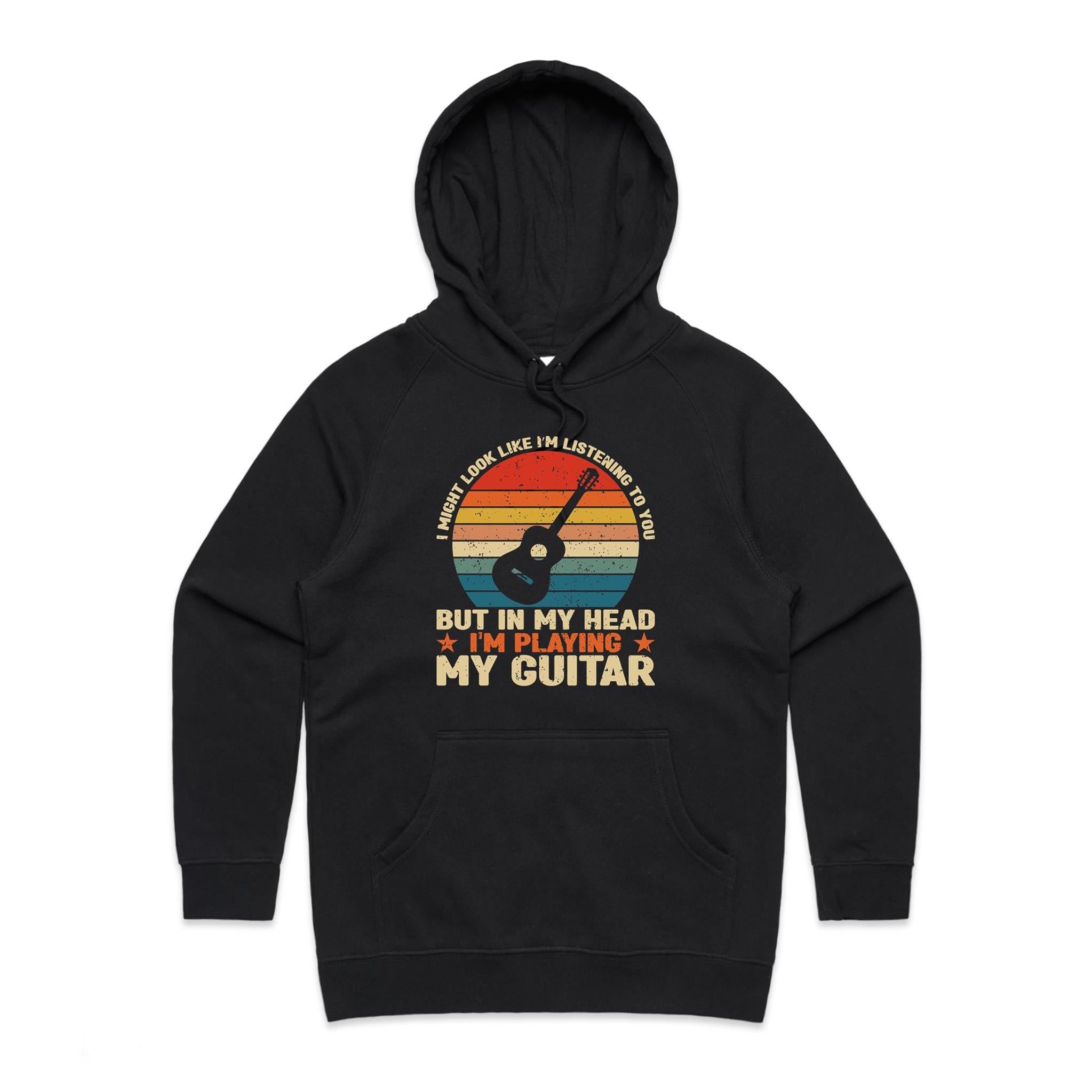 In My Head I'm Playing My Guitar - Womens Hoodie Black Womens Hoodie Music Printed In Australia