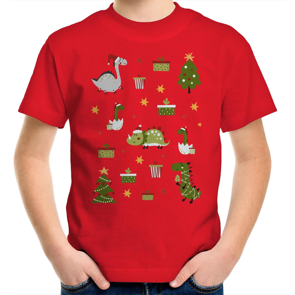 Cute Dinosaur Christmas - Kids Youth T-Shirt Red Kids Christmas T-shirt Christmas Printed In Australia