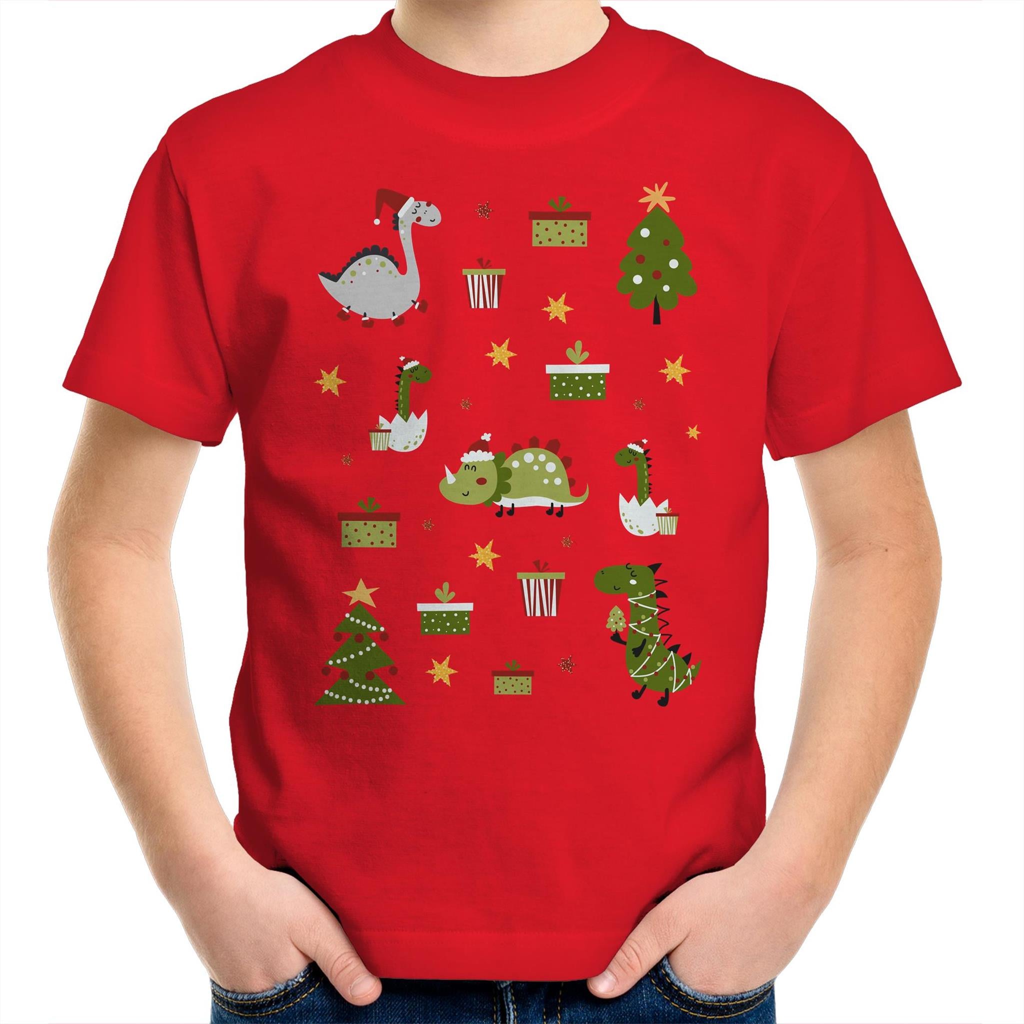 Cute Dinosaur Christmas - Kids Youth T-Shirt Red Kids Christmas T-shirt Christmas Printed In Australia