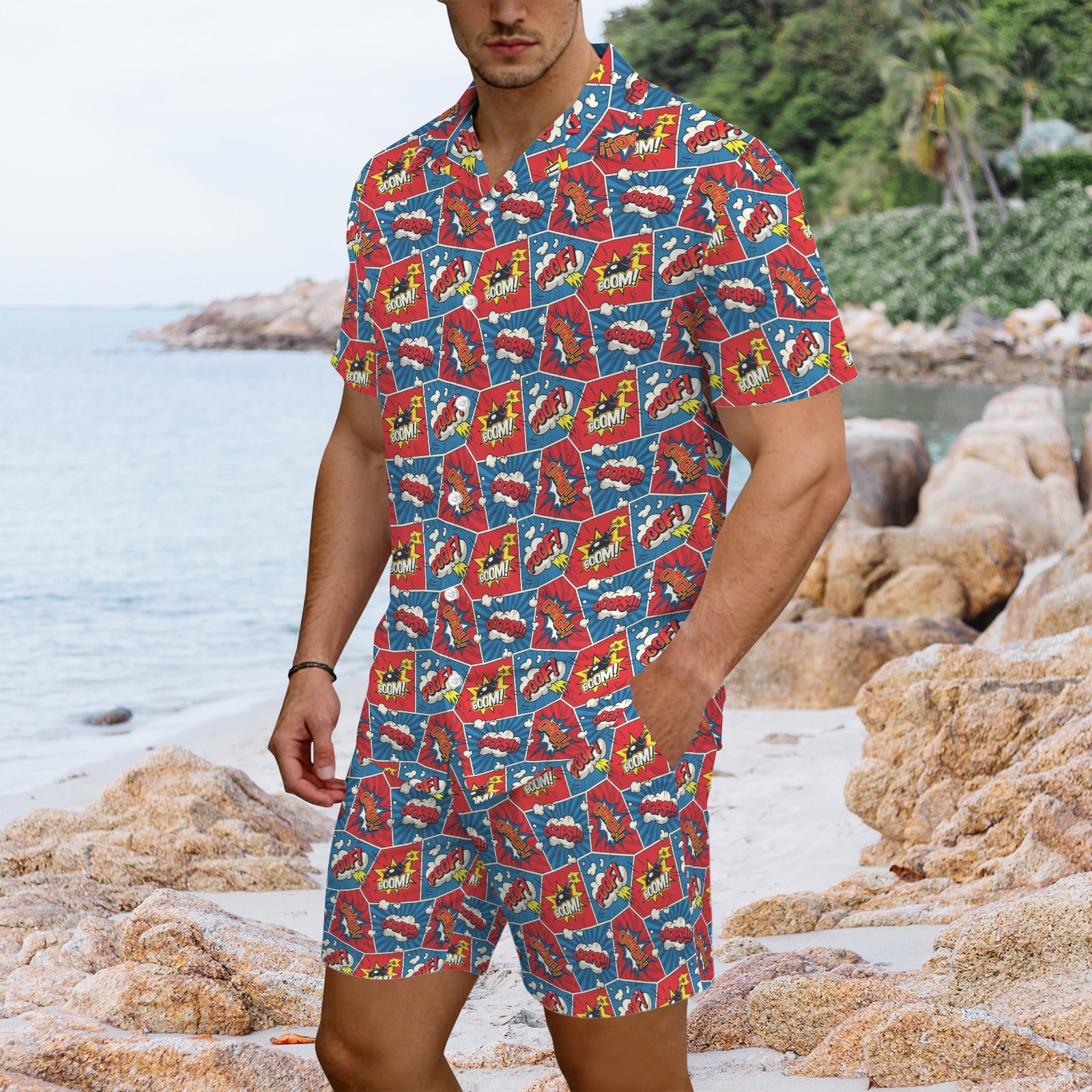 Comic Book Cells Men's Hawaiian Shirt & Shorts Set Men's Hawaiian Shirt & Shorts Set comic Printed Offshore