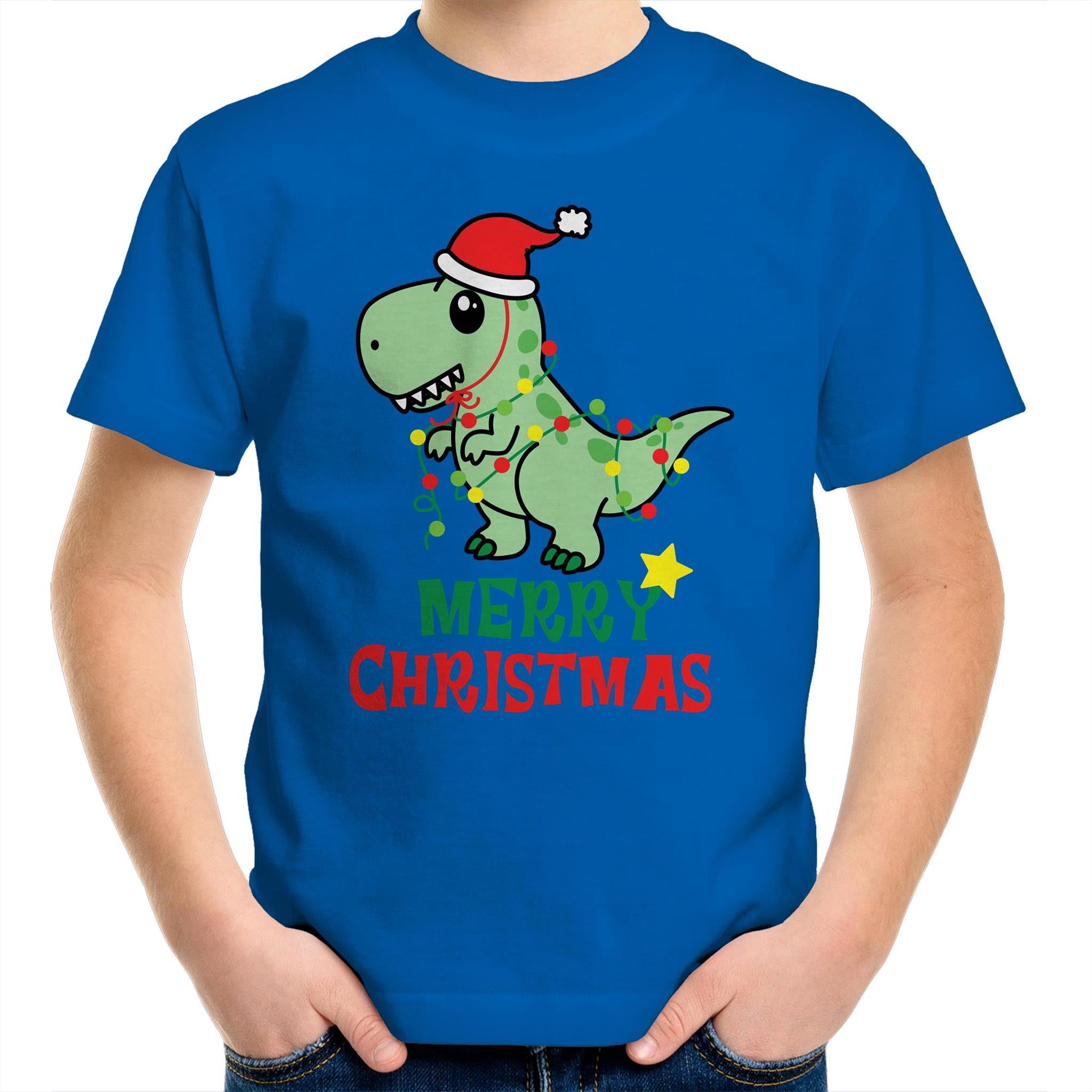 Dinosaur Santa, Merry Christmas - Kids Youth T-Shirt Bright Royal Kids Christmas T-shirt Christmas Printed In Australia