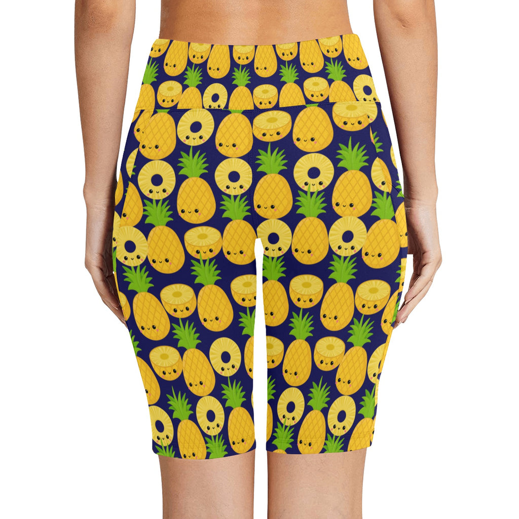 Happy Pineapples Women's Bike Shorts With Side Pockets Women's Bike Shorts Food Printed Offshore