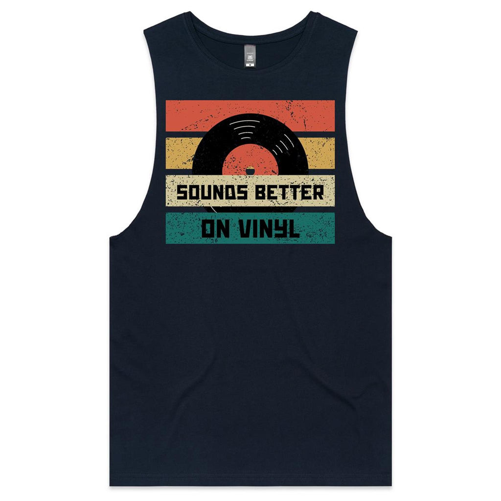 Sounds Better On Vinyl, Record Mens Men's AS Colour Drop Arm Tank Top Navy Drop Arm Tank Top Music Printed In Australia Retro