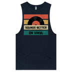 Sounds Better On Vinyl, Record Mens Men's AS Colour Drop Arm Tank Top Navy Drop Arm Tank Top Music Printed In Australia Retro