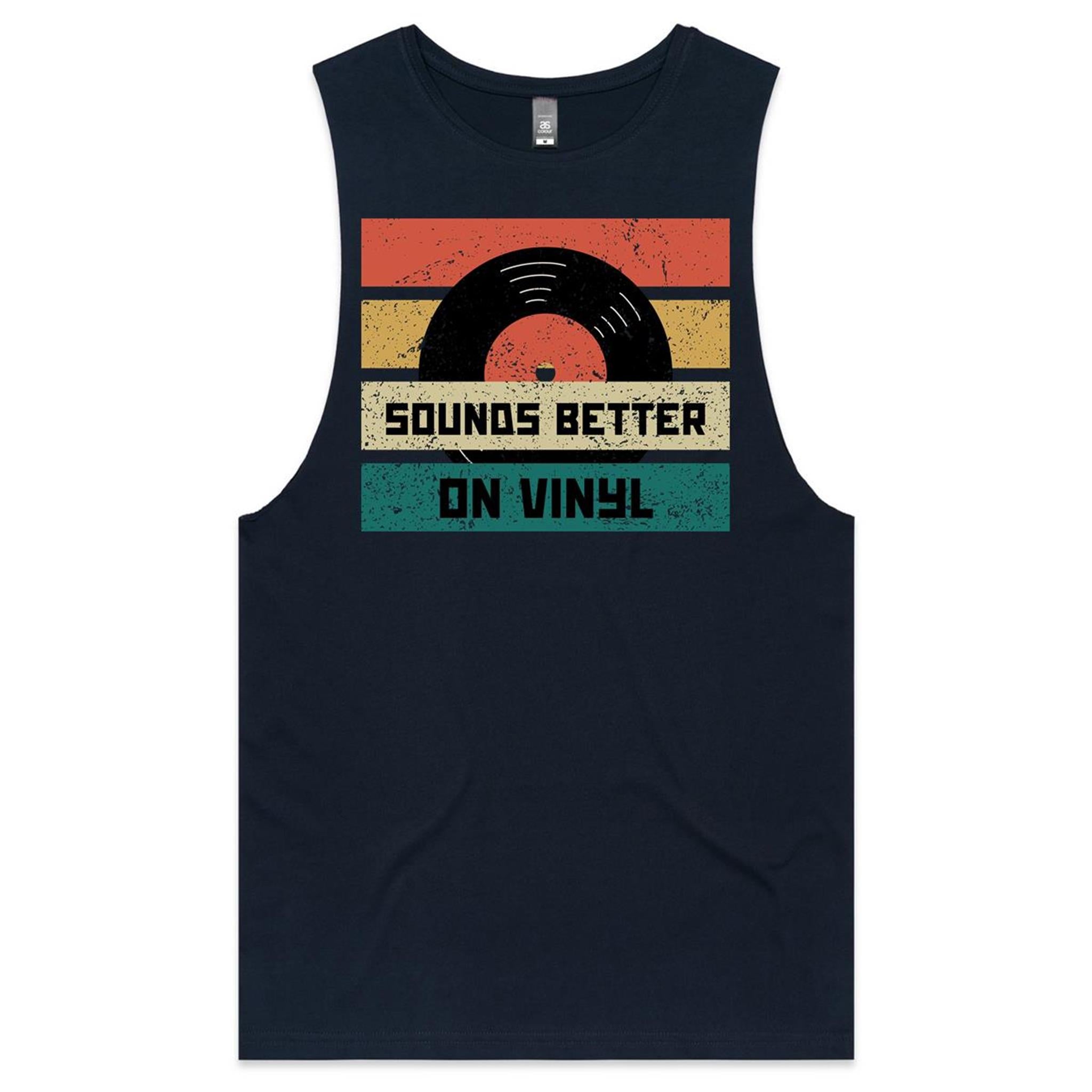 Sounds Better On Vinyl, Record Mens Men's AS Colour Drop Arm Tank Top Navy Drop Arm Tank Top Music Printed In Australia Retro